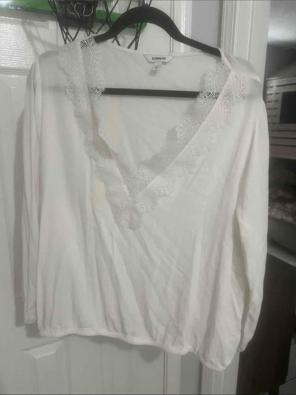 Express Ivory Lace-Trim V-Neck Blouse